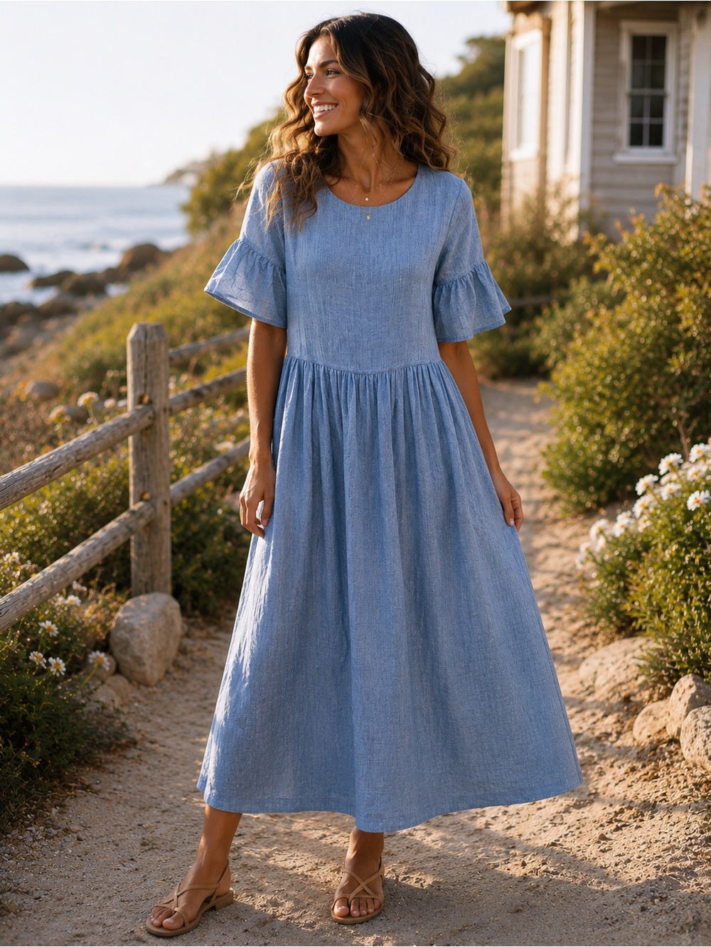 A Dip of Darling Blue Rayon Midi Dress XS Bell Sleeve Cottagecore Boho